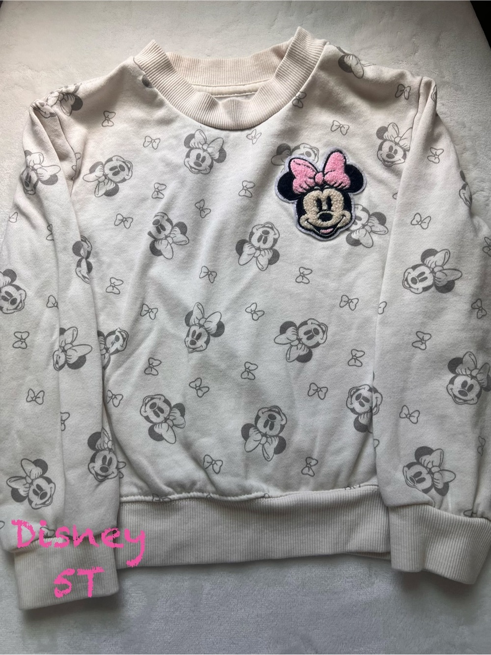Disney Cream Sweatshirt with Minnie Mouse Patch and Pink Bow